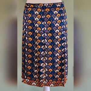 Tory Burch Blue Orange Geometric Pattern 100% Silk Pleated Midi Skirt Size 12